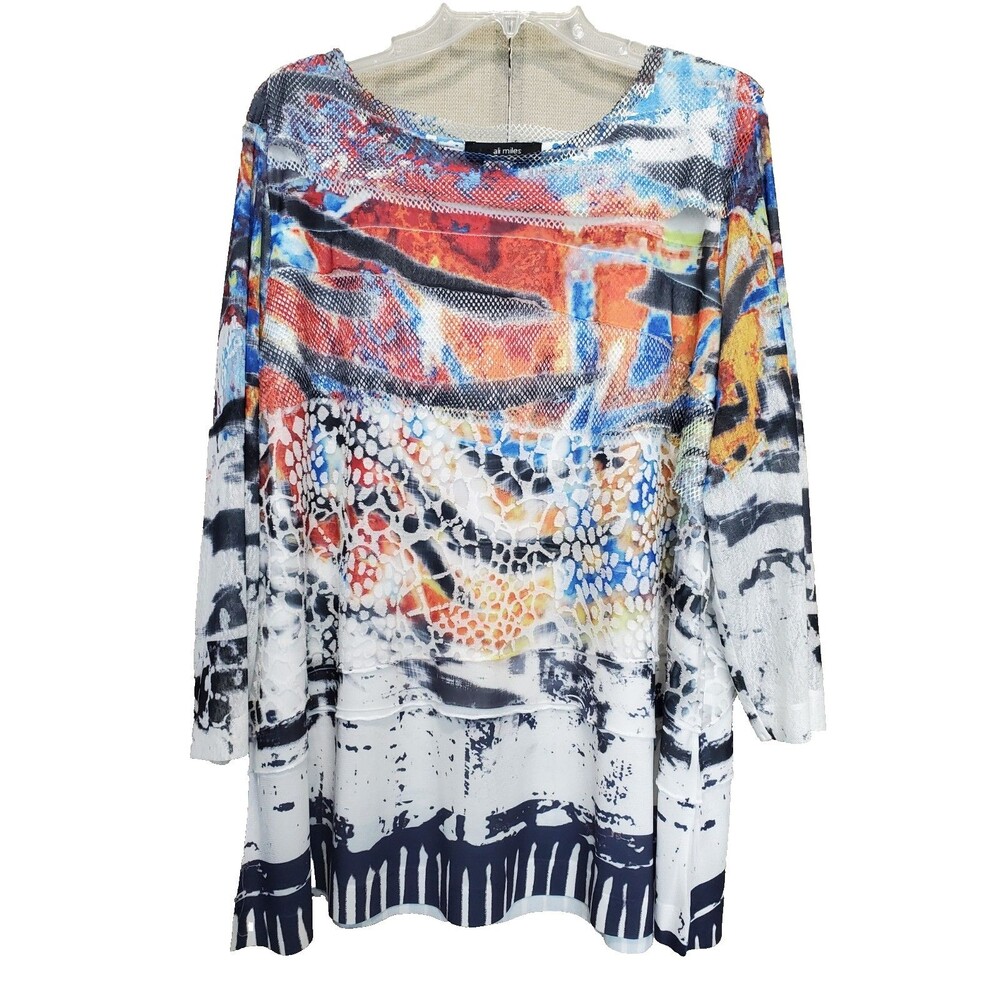 Ali Miles Boho Artsy Mixed Print Mixed Media Boat Neck Tunic Size 2X Lagenlook